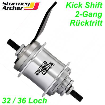 2-Gang Nabe Sturmey Archer Kick Shift 32 Loch silber mit Rücktrittbremse