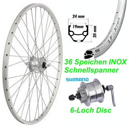 Vorderrad Nexus 28 silber 6-Loch Disc Nabedynamo DH3N30 mit Schnellspanner