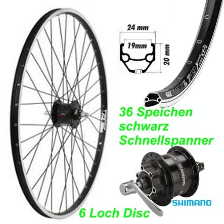 Vorderrad Nexus 26 schwarz 6-Loch Disc Nabedynamo DH3N30 mit Schnellspanner