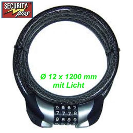 Security Plus Zahlen Spiralkabelschloss Ø12 x 1200 mm ZL72 schwarz transp Licht