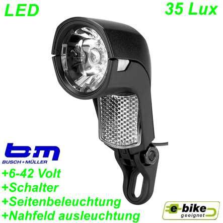 E-Bike LED Scheinwerfer Lumotec upp E 6-42V DC 35 Lux Schalter Nahfeld ausl.