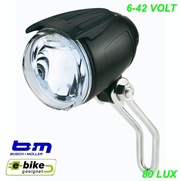 E-Bike LED Scheinwerfer Lumotec IQ Cyo E Premium 6-42 V DC 80 Lux Schalter Nahfeld ausl.