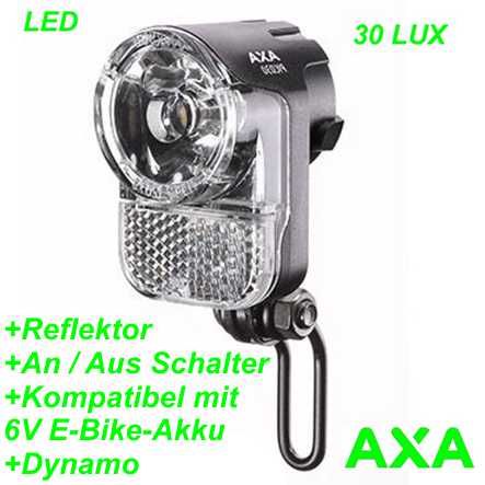 AXA Scheinwerfer Pico 30  LED Schalter on/off schwarz Dynamo/kompatibel mit 6V E-Bike-Akku