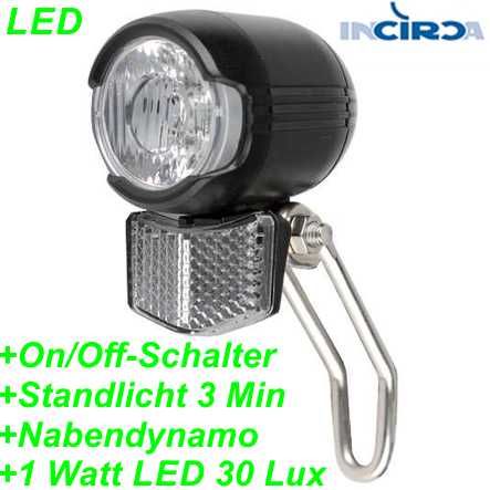 Incirca LED Scheinwerfer Dynamo/Nabendyn. on/off Standlicht 1 W LED weiss inkl. Halter 30 Lux