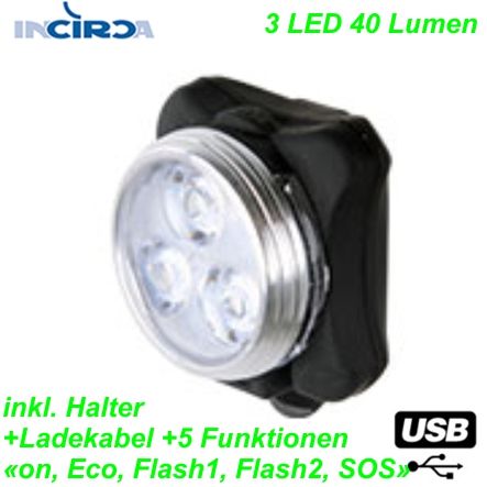 Incirca LED Frontlicht USB 40 Lumen Alugehäuse Schnellverschluss