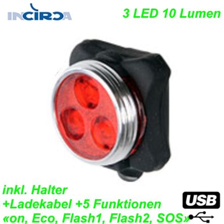 Incirca LED Rücklicht USB 10 Lumen Alugehäuse Schnellverschluss