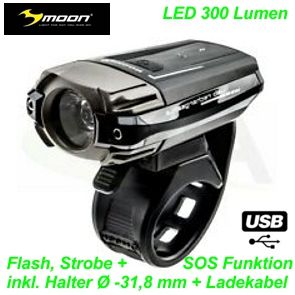 MOON Scheinwerfer Meteor 400 Lumen LED  USB Kabel Helm Lenker Halter