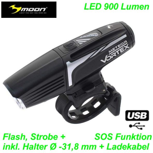 MOON Scheinwerfer Meteor Vortex Pro 1300 Lumen LED  USB Kabel Lenker Halter 9-Funk