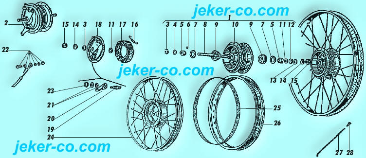 Speichenrad Felgen Speichen Nippel Muttern Konuse Kugel Lagerschale Staubdeckel Nabe Bremsbacken Bremsschild Ersatzteile Piaggio Ciao SI Bravo